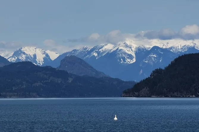 Schneebedeckte Berge über dunklen, bewaldeten Ufern und offenem Wasser
